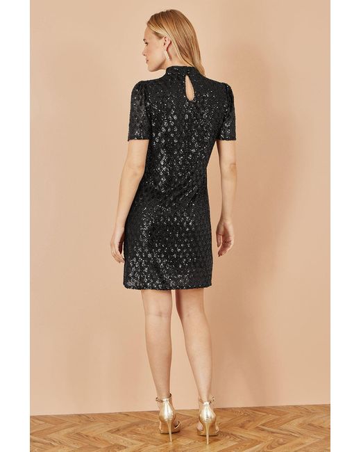 Yumi' Black Sequin Tunic Dress With Chevron Pattern & Keyhole Neckline