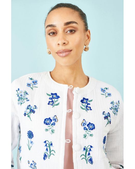 Yumi' Blue Floral Embroidery Reversible Cotton Jacket