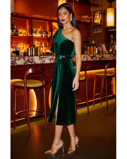 Yumi' Orange Velvet Frill One Shoulder Midi Dress With Split Hem