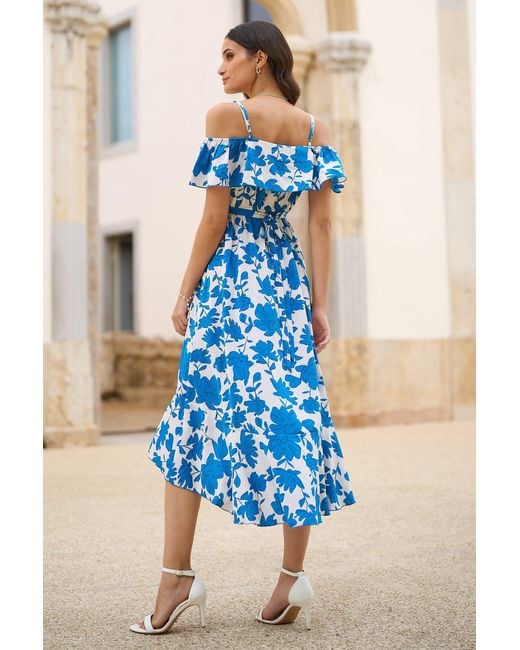 Yumi' Blue Floral Print Bardot Midi Dress With Dip Hem