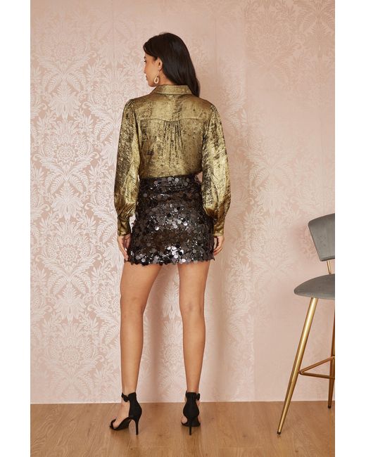 Yumi' Brown Metallic Relaxed Balloon Sleeve Shirt