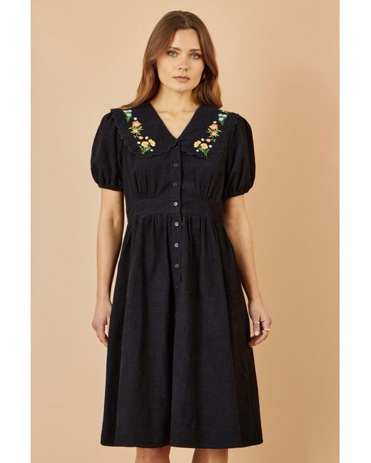 Yumi' Black Long Sleeve Midi Dress With Floral Embroidery