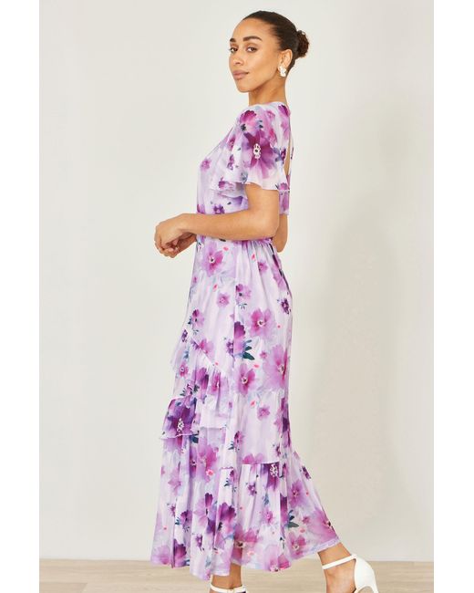 Yumi' Pink Floral Print Frill Midi Dress