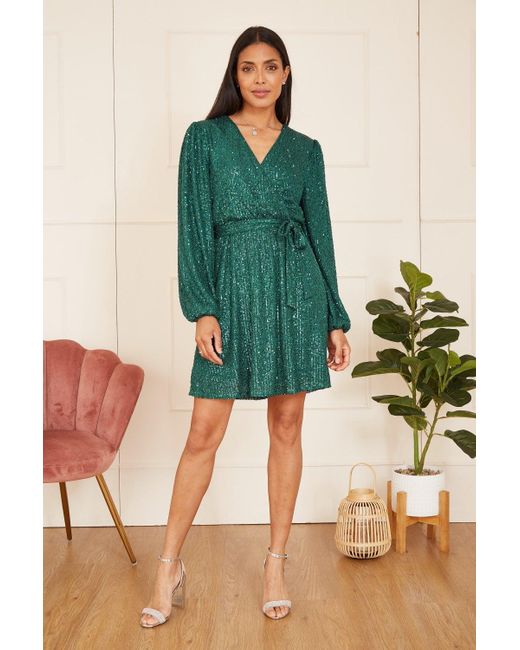 Mela London Green Mela Sequin Belted Wrap Long Sleeve Dress