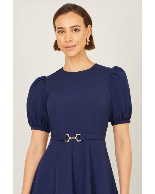 Yumi' Blue Skater Dress With Puff Sleeves And Buckle Detail
