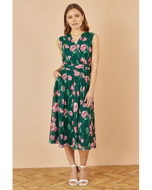 Yumi' Blue Floral Print Mesh Stretch Midi Dress With Pockets