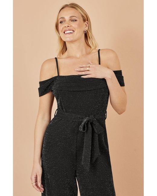 Yumi' Black Sparkle Stretch Bardot Jumpsuit
