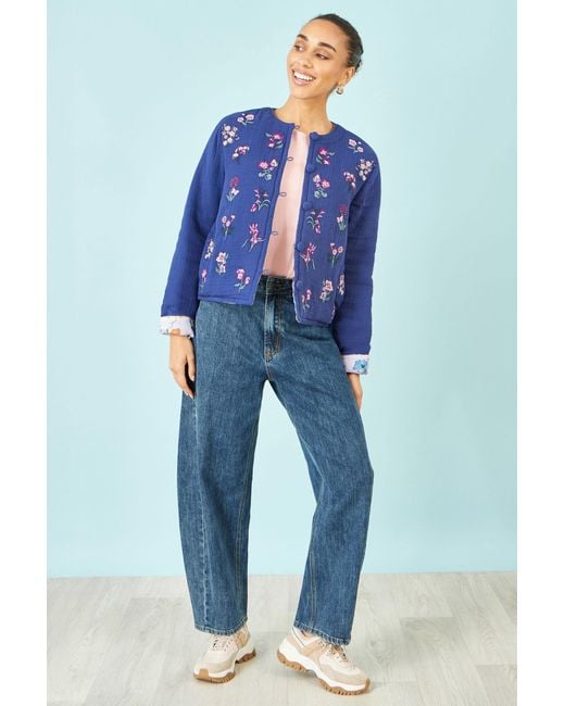Yumi' Blue Floral Embroidery Cotton Jacket
