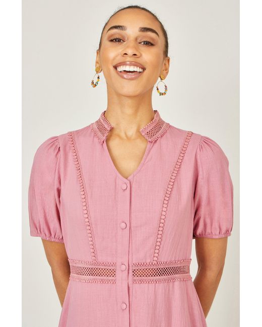 Yumi' Pink Cotton Lace Trim Skater Shirt Dress