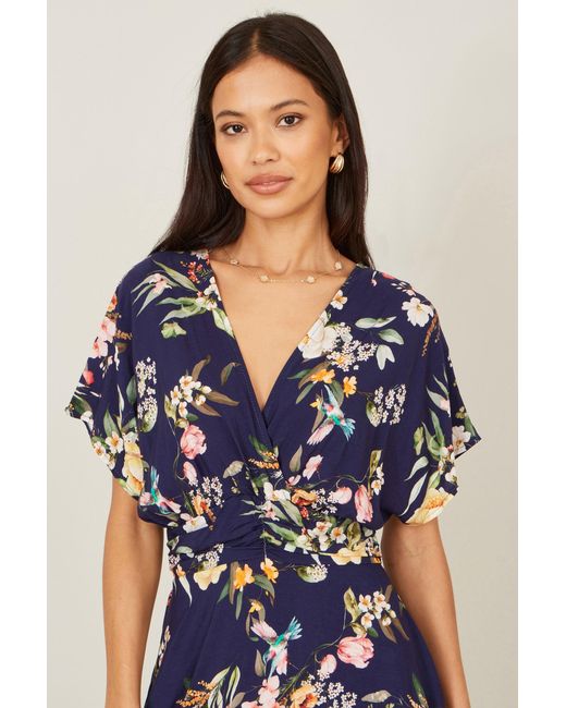 Yumi' Blue Viscose Floral Print Midi Dress With Ruched Waist