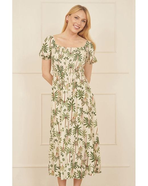 Yumi' Natural Cotton Palm Print Ruched Midi Dress
