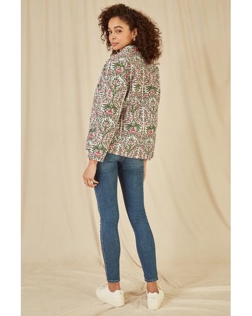 Yumi' Brown Floral Print Reversible Cotton Quilted Jacket