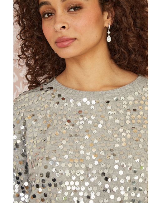 Yumi' Gray Mela All Over Sequin Relaxed Fit Jumper