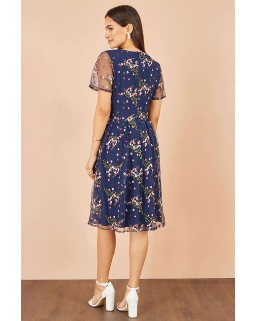 Yumi' Blue Embroidered Floral Mesh Prom Dress