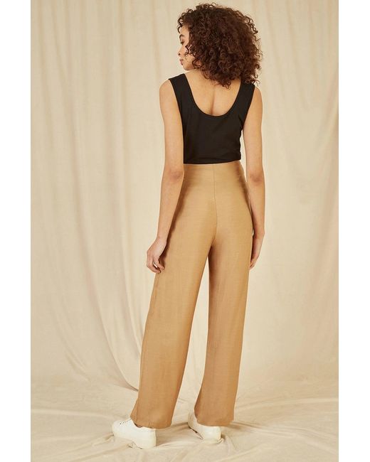 Yumi' Natural Wide Leg Trousers With Front Buckle Detail