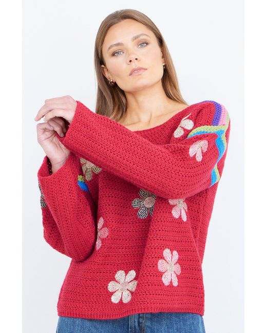 Yumi' Red Crochet Flower Jumper