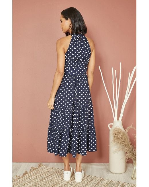 Yumi' Blue Spot Print Halter Midi Dress With Matching Belt