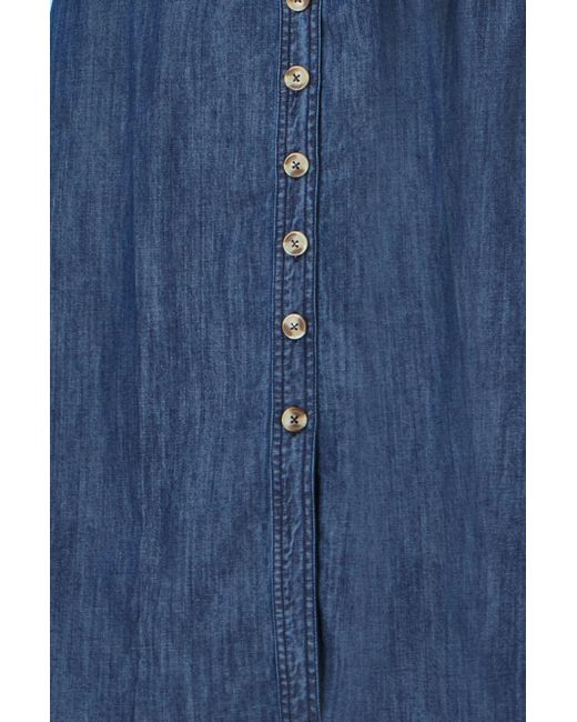 Yumi' Blue Chambray Cotton Ruched Midi Sun Dress
