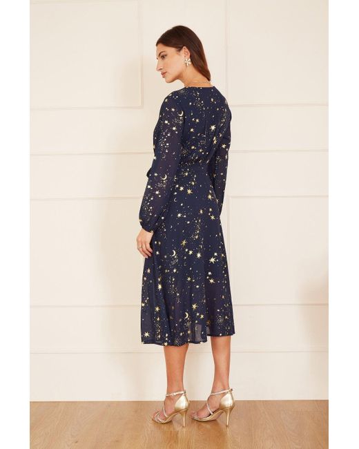 Mela London Blue Mela Foil Star Print Long Sleeve Midi