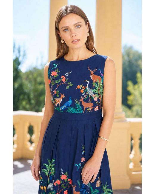 Yumi' Blue Woodland Animal Print Cotton Midi Skater Dress