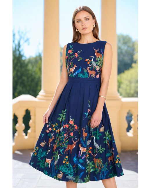 Yumi' Blue Woodland Animal Print Cotton Midi Skater Dress