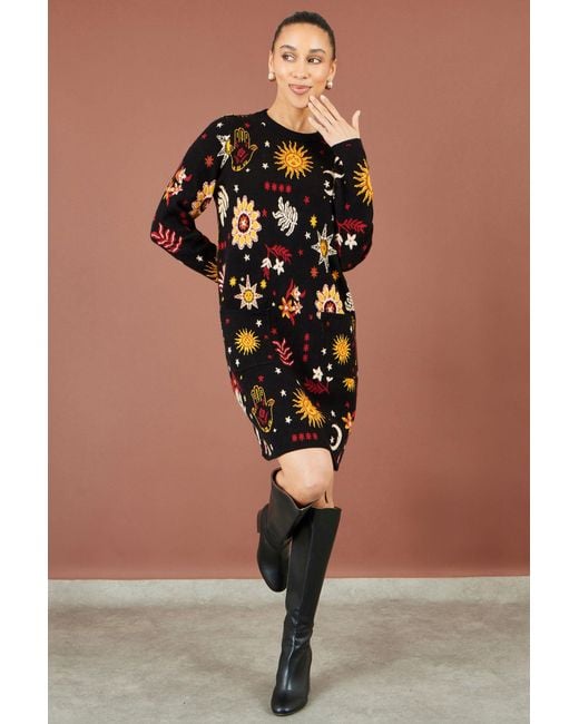 Yumi' Black Cosmic Intarsia Knitted Tunic Dress