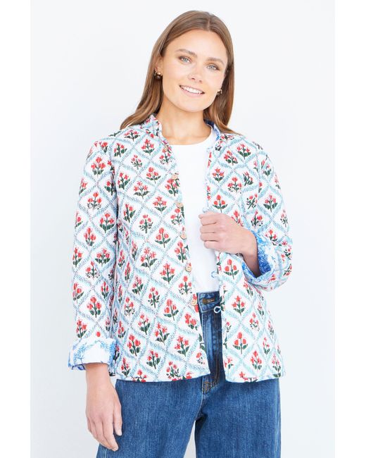 Yumi' Blue Palm Reversible Cotton Quilted Jacket