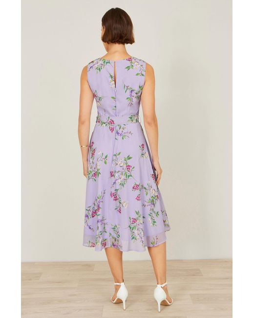 Yumi' Purple Floral Print Midi Skater Dress