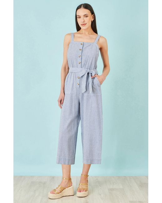 Yumi' Blue Cotton Stripe Button Through Jumpsuit