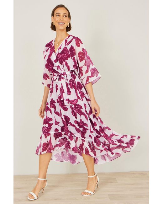 Yumi' Pink Kimono Sleeves Midi Dip Hem Wrap Midi Dress