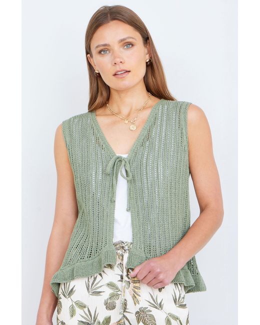 Yumi' Green Knitted Cotton Tie Waistcoat Top