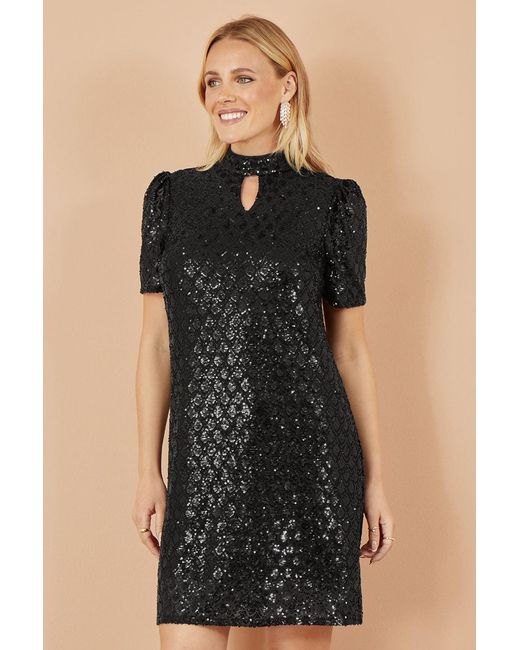 Yumi' Black Sequin Tunic Dress With Chevron Pattern & Keyhole Neckline
