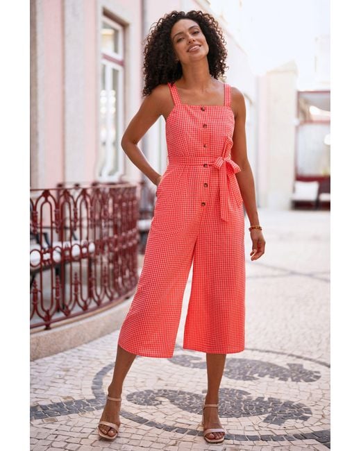 Yumi' Red Gingham Button Through Jumpsuit
