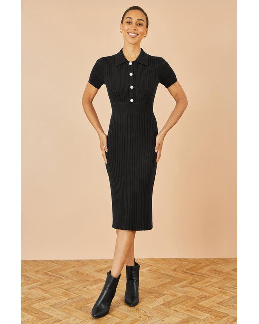 Yumi' Black Fitted Rib Knitted Midi Dress With Daisy Buttons