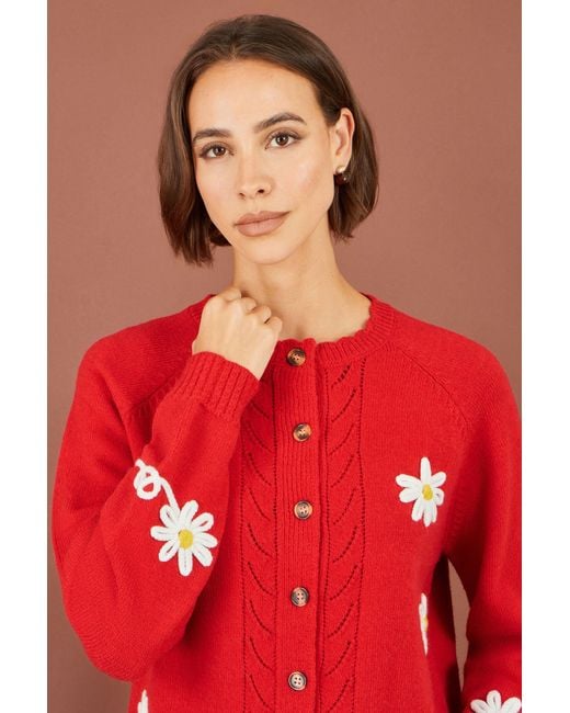 Yumi' Red Daisy Stitch Cardigan