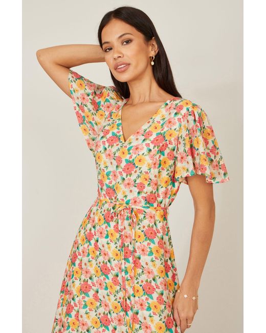 Yumi' Natural Multicolour Midi Tea Dress With Angel Sleeves