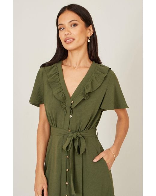 Yumi' Green Ruffle Collar Midi Shirt Dress