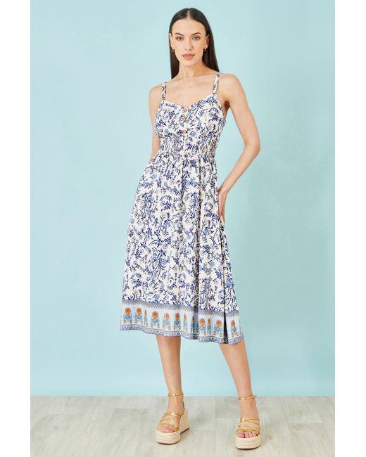 Yumi' Blue Floral Border Print Viscose Midi Sun Dress