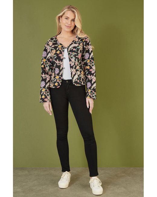 Yumi' Green Floral Print Reversible Cotton Cropped Quilted Jacket