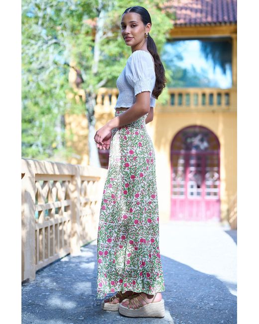 Yumi' White Boho Print Cotton Floral Maxi Skirt