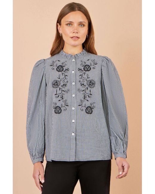 Yumi' Gray Cotton Gingham Embroidered Shirt