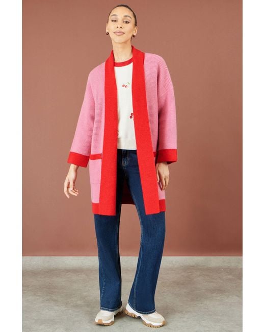 Yumi' Red Contrast Knitted Cardigan