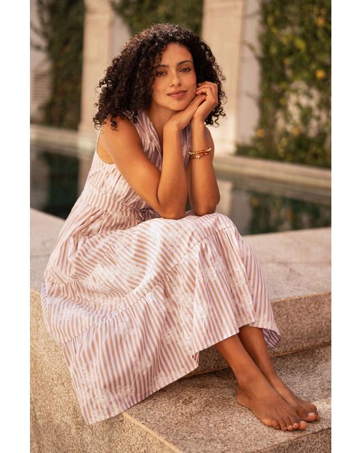 Yumi' Pink Stripe With Embroidered Flower Cotton Dress