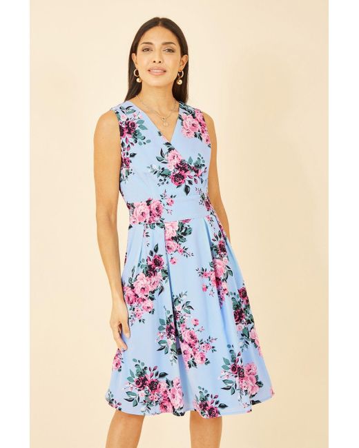 Mela London Blue Mela Rose Printed Wrap Over Sleeveless Skater Dress