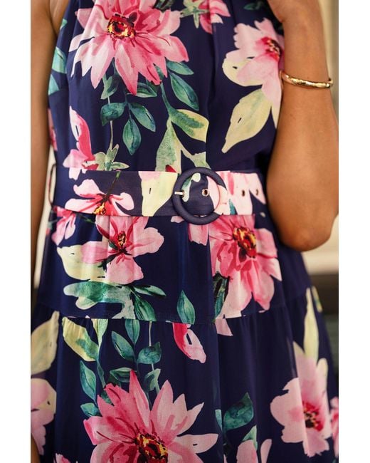 Yumi' Blue Floral Halter Neck Midi Dress With Matching Belt