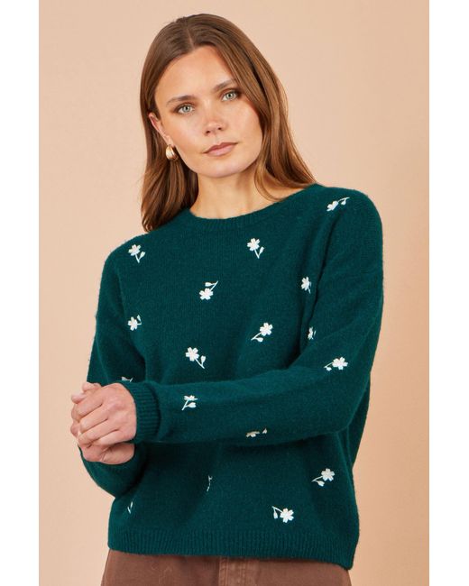 Yumi' Green Daisy Embroidered Relaxed Jumper