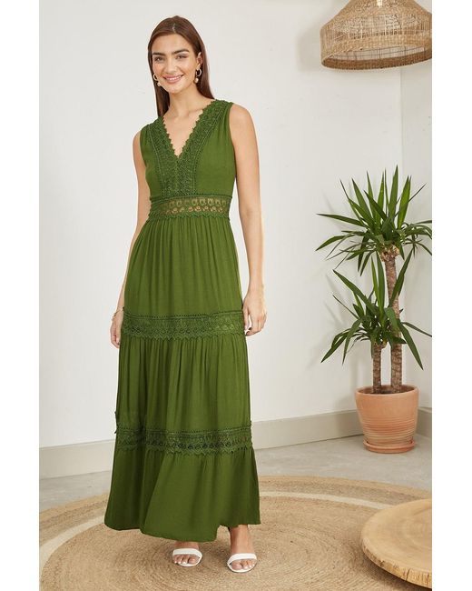 Yumi' Green Lace Trim Cotton Midi Sun Dress