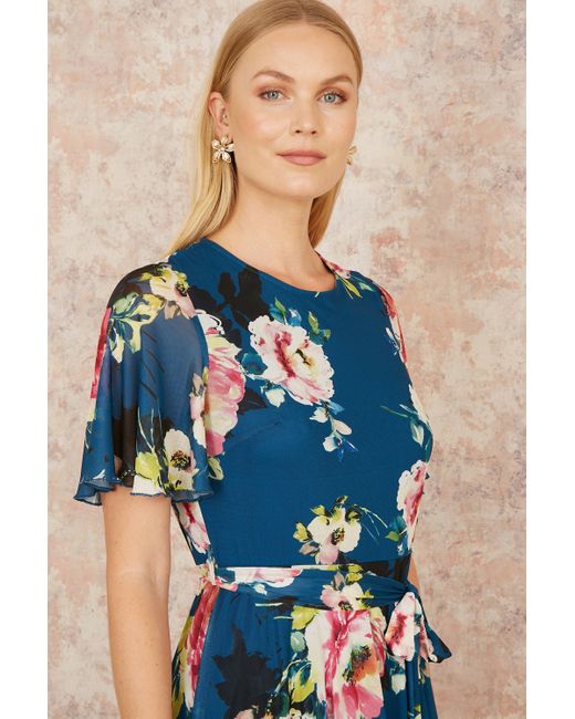 Yumi' Blue Mesh Floral Midi Dress With Angel Sleeves