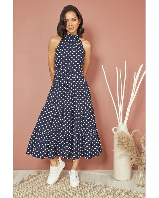 Yumi' Blue Spot Print Halter Midi Dress With Matching Belt
