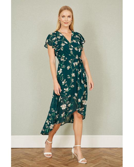 Yumi' Green Floral Wrap Midi Dress With Frill Hem